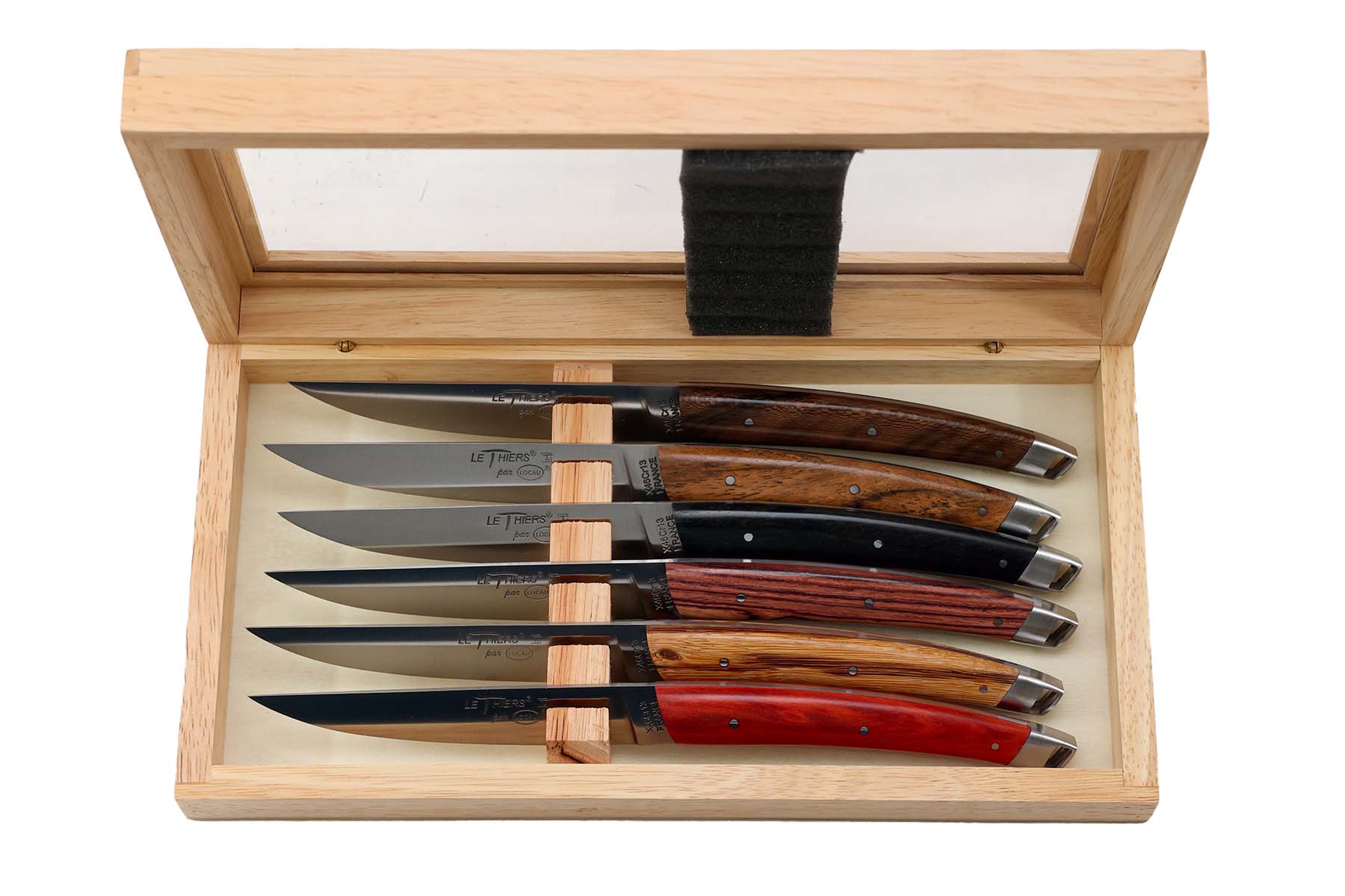 Coffret bois vitré de 6 couteaux Le Thiers par Locau  -Le Tablior 23 cm Bois foncés Assortis