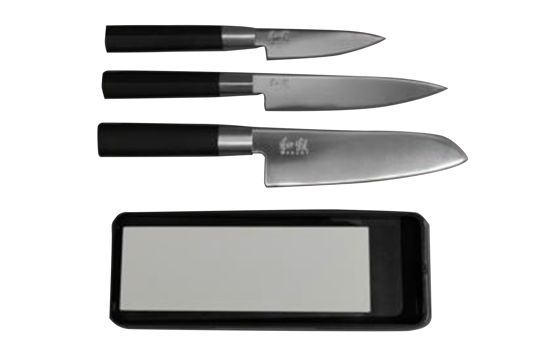 Set de 3 couteaux japonais Kai Wasabi Black - type japonais + pierre à aiguiser