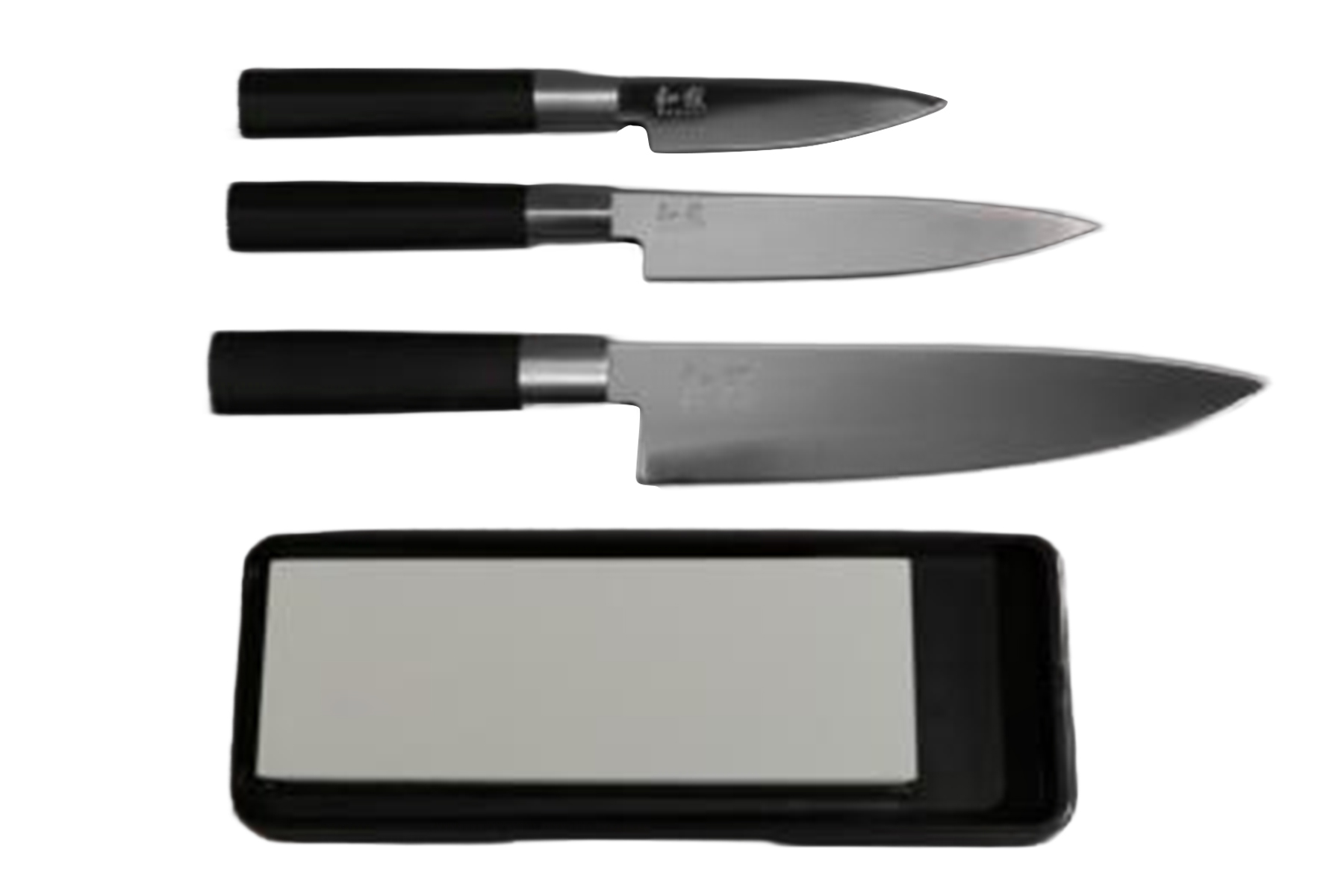 Set de 3 couteaux japonais Kai Wasabi Black - type européen + pierre à aiguiser