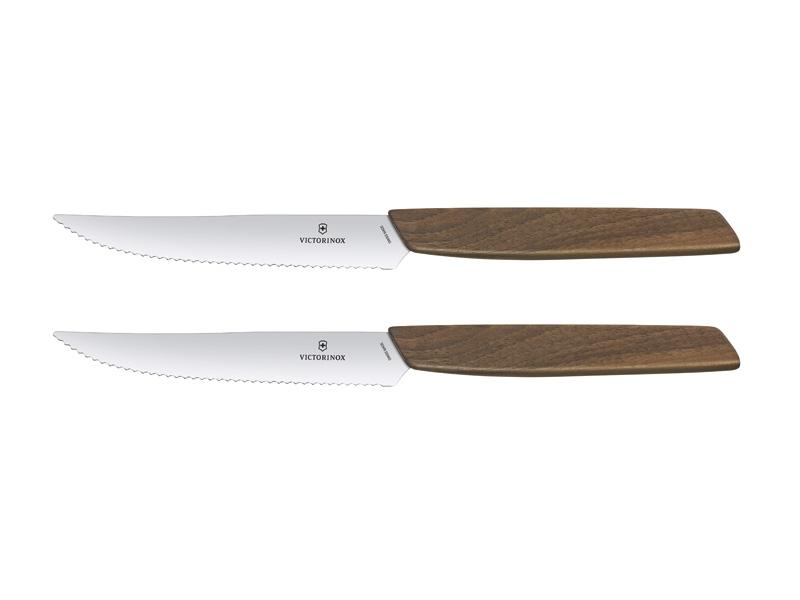 Set de 2 couteaux steak Victorinox Swiss Modern, lame dentée 12 cm inox - manche noyer