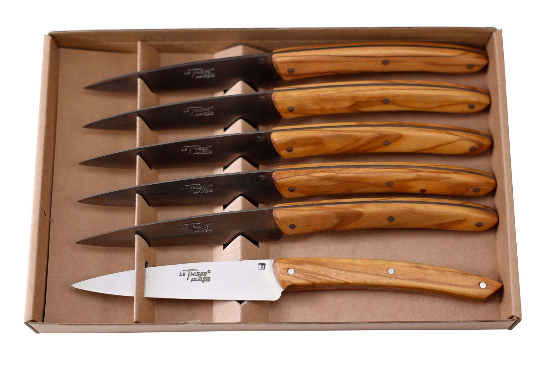 Coffret de 6 couteaux de table Campagne Thiers forme office BJB satiné Olivier